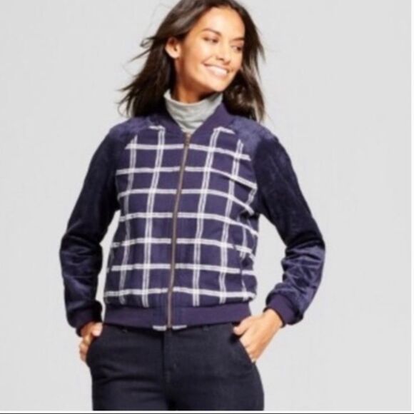a new day Jackets & Blazers - A New Day Navy Faux Suede Plaid Bomber Jacket